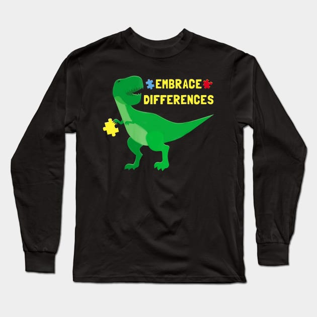 Autism Awareness Shirt Kids Women Men Dinosaur Puzzle Piece Long Sleeve T-Shirt by Danielsmfbb